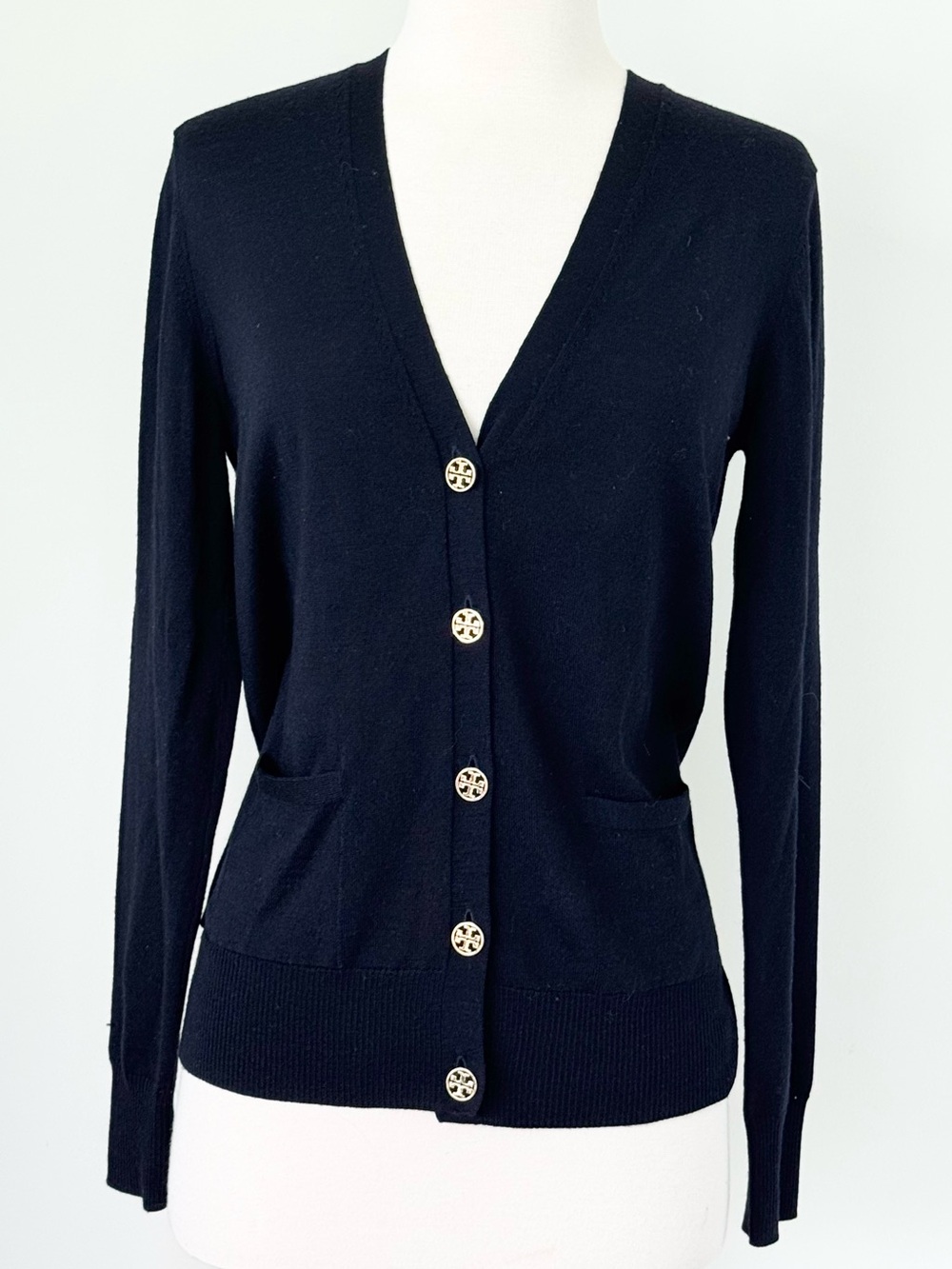 Tory Burch MADELINE Navy Cardigan Gold Logo Buttons Front Pockets Size S